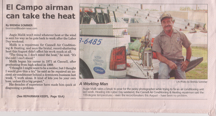 El Campo Leader-News article featuring Cannell Air Conditioning and Heating, page 1